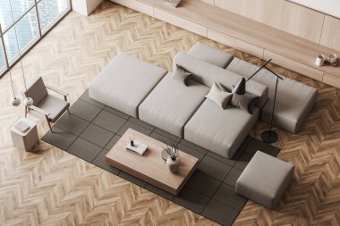 Koltuk, koltuk, sehpa, süslemeli çekmece ve ahşap döşemeli halı ile ahşap dinlenme odasının en üst manzarası. Singapur manzaralı bir pencere. 3B görüntüleme