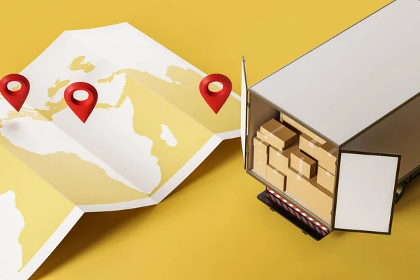 Mapa Del Mundo Con Pin Ubicación Camión Lleno Cajas Cartón — Foto de Stock