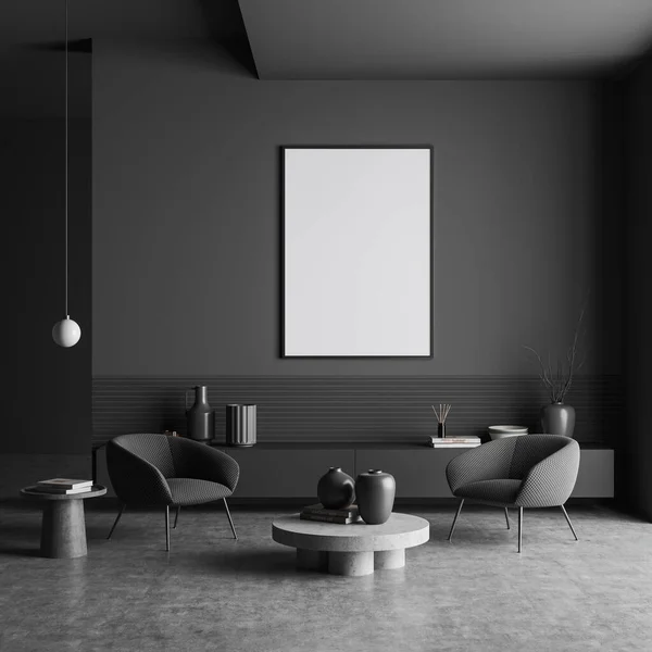 黑暗寒冷的区域内部与两个扶手椅和圆形咖啡桌 抽屉与艺术装饰 灰色混凝土地板 模拟空白海报 3D渲染 — 图库照片