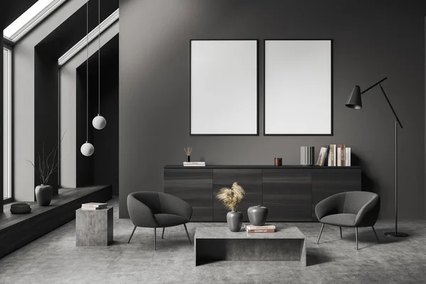 Front view on dark living room interior with empty white poster, armchairs, panoramic windows, coffee table and concrete floor. Concept of minimalist design. Creative idea. Mock up. 3d rendering