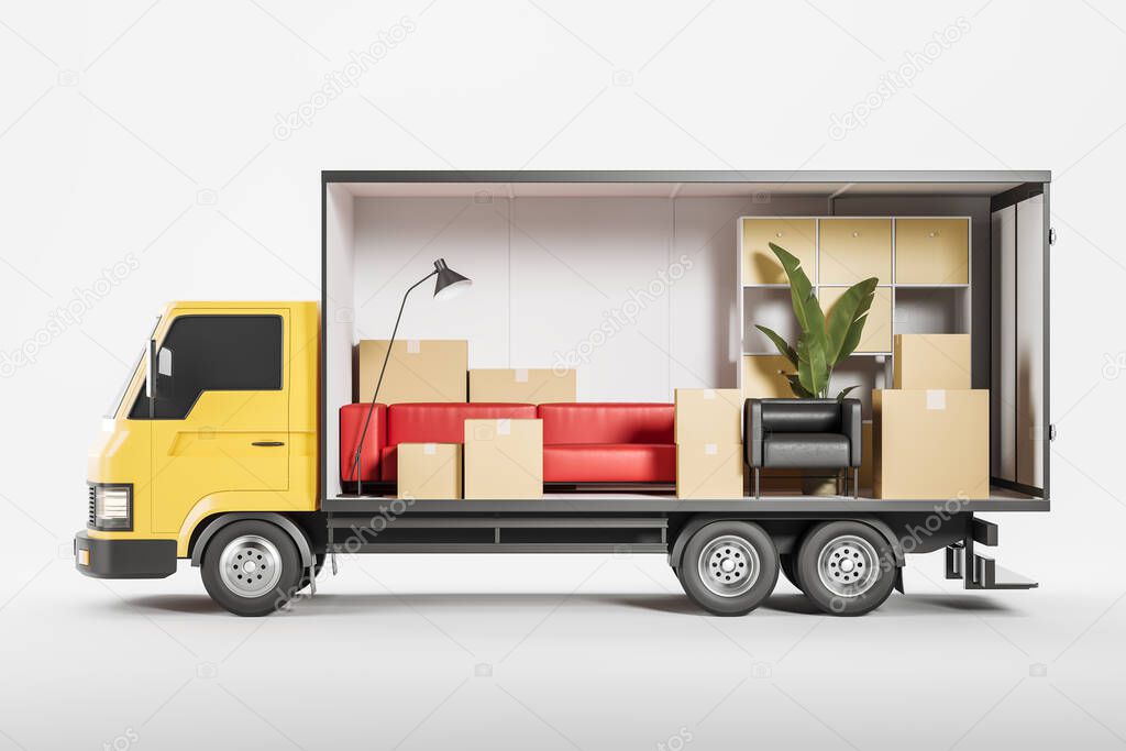 Truck with house furniture and cardboard boxes, side view. Shipping company and delivery service. Concept of relocation. 3D rendering