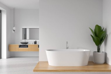 Parlak banyo manzaralı küvet, panoramik pencere, beyaz duvarlar, ayna, ev bitkisi ve beton zemin. Sağlık için hijyenik ve spa prosedürleri kavramı. 3d oluşturma