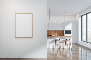 Parlak mutfak odası içi boş beyaz poster, panoramik pencere, çift fırın, beton zemin, lavabo, beyaz duvarlar. Minimalist tasarım kavramı. Yaratıcı fikir için yer var. Model yap. 3d oluşturma