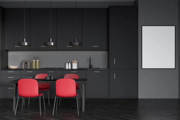 Dark kitchen room interior with empty white poster, oak wooden hardwood floor, dining table, sink, cooking desks, walls. Concept of minimalist design. Space for creative idea. Mock up. 3d rendering