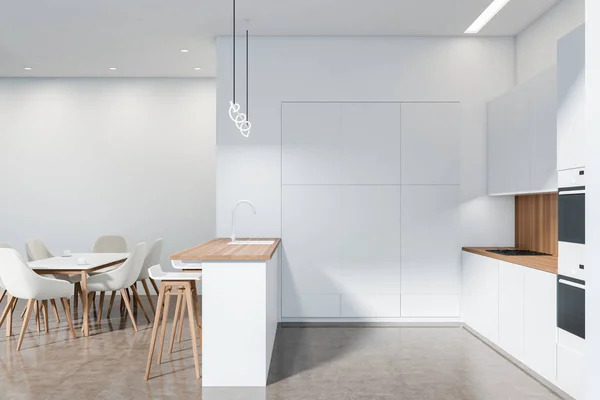 明亮的厨房室内侧视图 有双层烤箱 水泥地板 煤气灶 简约设计的概念 创意空间 3D渲染 — 图库照片