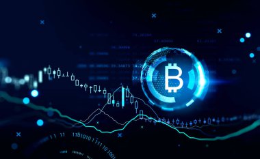 Borsa grafikleri, bitcoin hologramları, düşen şamdanlar ve çizgiler. İkili değer ve rakamlar koyu mavi arkaplanda. Bankacılık ve kripto para birimi kavramı. 3B görüntüleme