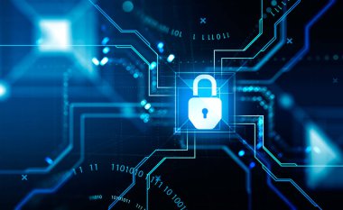 Büyük verileri, dijital siber güvenliği ve ikili sistemi korumak. Asma kilit ikonu, çift pozlama. Ağ bağlantısı olan siber güvenlik. Güvenlik ve teknoloji kavramı