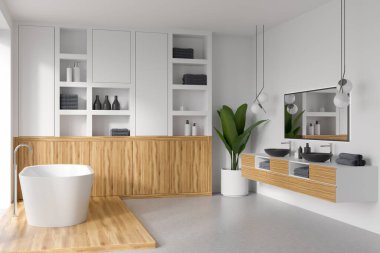 Küvetli beyaz banyo, aynalı çift lavabo aksesuar ve dekorasyonlu raf, saksıda bitki, yan manzara, gri beton zemin. Otel odasındaki tuvalette. 3B görüntüleme