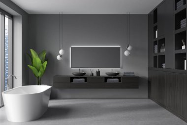 Banyonun iç tarafındaki koyu renk banyo, panoramik pencere, gri duvarlar, ayna, ev bitkisi ve beton zemin. Sağlık için hijyenik ve spa prosedürleri kavramı. 3d oluşturma