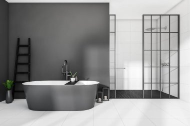 Küvetli, duşlu, fayanslı, koyu bir banyo. Havlu merdiveni ve mumlar. Oteldeki tuvalette. Model boş duvar. 3B görüntüleme