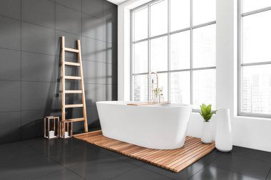 Koyu banyonun iç tarafında küvet, gökdelen manzaralı panoramik pencere, merdiven, gri duvarlar ve beton zemin. Hijyenik ve sağlık prosedürleri. 3d oluşturma