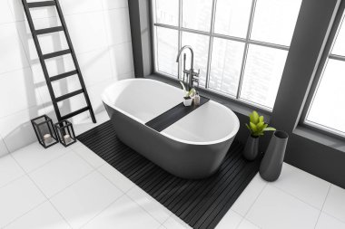 Koyu banyonun içi, küvet, gökdelen manzaralı panoramik pencere, merdiven, beyaz duvarlar ve beton zemin. Hijyenik ve sağlık prosedürleri. 3d oluşturma