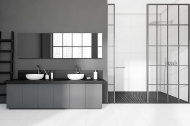 Karanlık banyonun içini duşla, panoramik pencereyle büyük aynada ve lavabolarda yansıyan şehir manzarası, beyaz ve gri duvarlar ve beton zemin, merdiven. 3d oluşturma