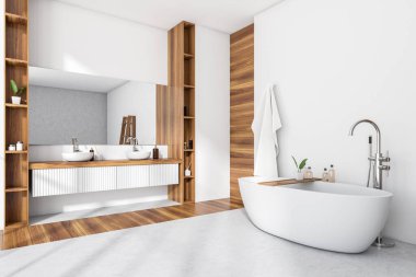 Açık beton zeminde küvetli beyaz banyo, yan görüş, çift lavabo. Süslü raflar, aksesuarlı desteler. Lüks otel banyo odası. 3B görüntüleme