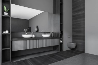 Tuvalet, raflar, sıvı sabun, bitki, büyük ayna, iki lavabo, gri duvarlar ve beton zemin. 3d oluşturma