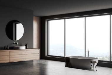 Küvetin içi koyu renk banyo aynalı lavabo, yan görüş, gri beton zemin. Kırsal alanda panoramik pencere. Modern otel odası. 3B görüntüleme