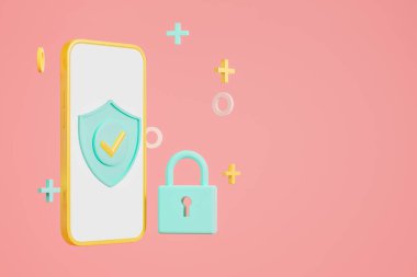 Kalkanlı ve kilitli bir telefon ekranı. Doğrulama ve depolama. Kişisel bilgilerin güvenliği ve korunması. Boşluk görüntüsünü kopyala. 3B görüntüleme