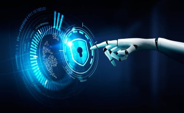 Robot parmak, dünya hologramıyla kilit simgesine dokun. Siber saldırı ve veri gizliliği, korumalı siber güvenlik. Siber saldırı kavramı. 3B görüntüleme