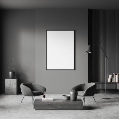 İçinde boş beyaz posterler, koltuklar, sehpa, gardırop, kitaplarla dolu raflar ve beton zemin olan karanlık bir oturma odası. Minimalist tasarım kavramı. Yaratıcı fikir için yer var. Model yap. 3d oluşturma
