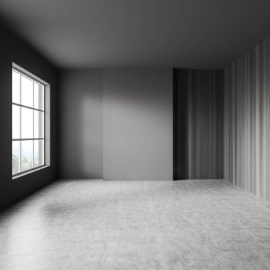 Dairenin içinde gri beton zemin ve ahşap duvarlı karanlık bir koridor kırsal alanda panoramik pencereleri olan boş bir oda. Mobilya yok. 3B görüntüleme