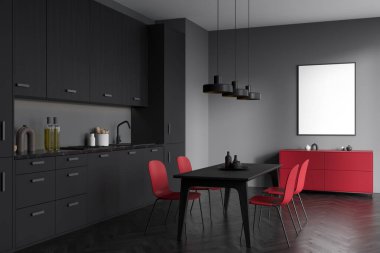 Mutfağı koyu renk, yemek seti, kırmızı sandalyeler ve siyah ahşap zemin üzerinde masa, yan görüş. Dekorasyonlu çekmece ve duvardaki afiş, 3D görüntüleme