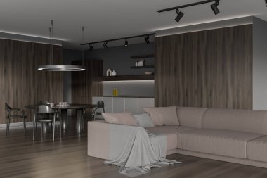 Köşe koltuğu, sandalyeleri ve ahşap zeminde yemek masası olan karanlık bir mutfak. Soğutma alanı ve modern mobilyalarla beslenme alanı, 3 boyutlu oluşturma