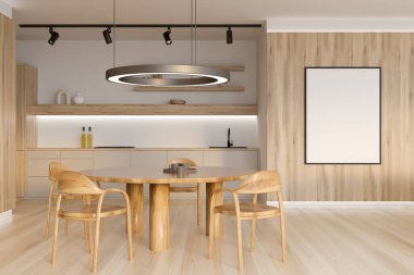 Parlak mutfak odası içi boş beyaz poster, gaz ocağı, meşe ağacı ahşap döşeme, lavabo, sandalyeli masa, beyaz duvarlar. Minimalist tasarım kavramı. Yaratıcı fikir için yer var. Model yap. 3d oluşturma