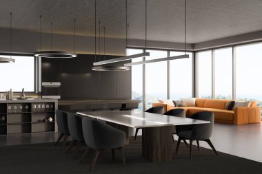Mutfak, kanepe, kırsal manzaralı panoramik pencere, yemek masası, yemek masası, beton zemin. Minimalist tasarım kavramı. Yaratıcı fikir için yer var. 3d oluşturma