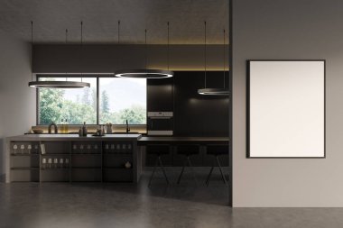 Bar sandalyeli ve adalı mutfak, güvertede tabak ve dekorasyon, gri beton zemin, kırsal manzaralı panoramik pencere. Girişten önce çadır bezi posteri, 3B görüntüleme