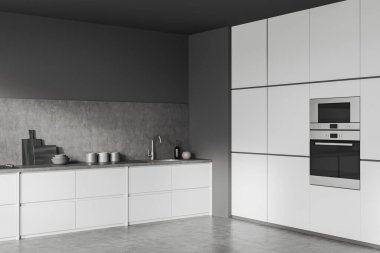 İçerisi lavabo ve aletlerle karanlık. Güverte tabaklar, lavabo ve mutfak gereçleri masada. Modern dairede yemek köşesi, 3D görüntüleme