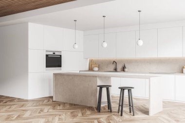 Beyaz mutfak iç kısmı iki bar sandalyesi ve ahşap zemin üzerinde tezgah, yan görüş, mutfak gereçleri ve fırınla lavabo. Apartmanda minimalist yemek alanı, 3D görüntüleme