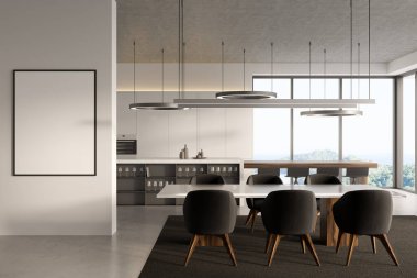 Mutfak koltukları, yemek masası, dekorasyon ve tabaklar, gri beton zemin, kırsal manzaralı panoramik pencere. Girişten önce maket posteri, 3B görüntüleme