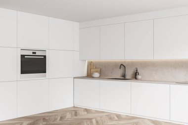 Beyaz mutfak içinde şifonyer ve aletler var. Fırın, lavabo ve mutfak gereçleri, yan görüş. Modern apartmanda yemek köşesi. 3B görüntüleme