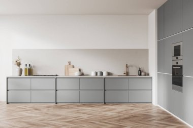 Beyaz mutfak içi lavabolu, raf fırınlı. Tabaklı güverte, ön manzara. Mutfak eşyalarıyla dolu beyaz dolap, ahşap zemin. 3B görüntüleme