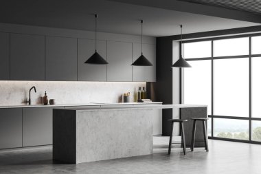 İçinde iki bar sandalyesi ve gri beton zemin, yan görüş, mutfak gereçleri, raflar ve lavabo olan koyu yemek pişirme. Kırsal kesimde panoramik pencere. 3B görüntüleme