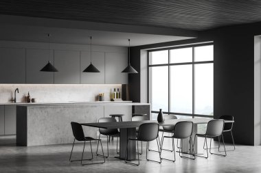 İçinde sandalyeler, yemek masası, yan görüş, gri beton zemin üzerindeki ada, mutfak gereçleri ile batan koyu renk yemekler. Kırsal kesimde panoramik pencereli şık bir mutfak, 3 boyutlu görüntüleme