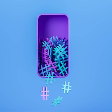 Açık mavi arkaplanda düşen etiket simgelerine sahip akıllı telefon. Sosyal ağ ve viral trendler kavramı. 3B görüntüleme
