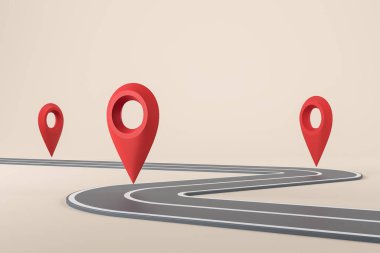 Asfalt yolda kırmızı konum işareti, bej arka planda yol. İzleme ve yön bulma kavramı. 3B görüntüleme