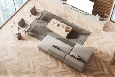 İki koltuk ve kanepe, ahşap dolapta sehpa ve televizyon, şehir manzaralı pencere ile ışık rahat bölge iç görünümü. Boş televizyon ekranını kopyala. 3B görüntüleme