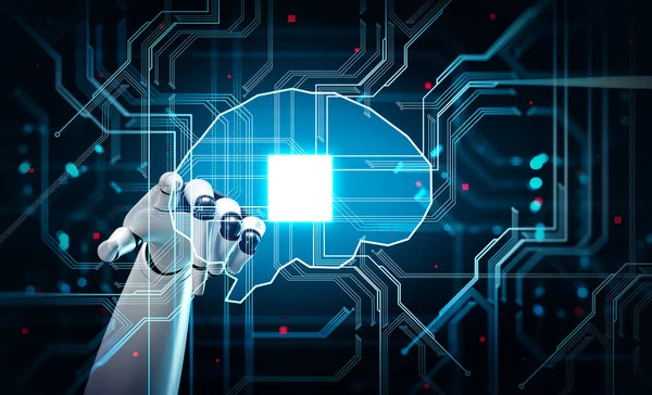 Robot finger touch digital hologram with brain and network circuit. Concept of artificial intelligence, technology and machine learning. 3D rendering