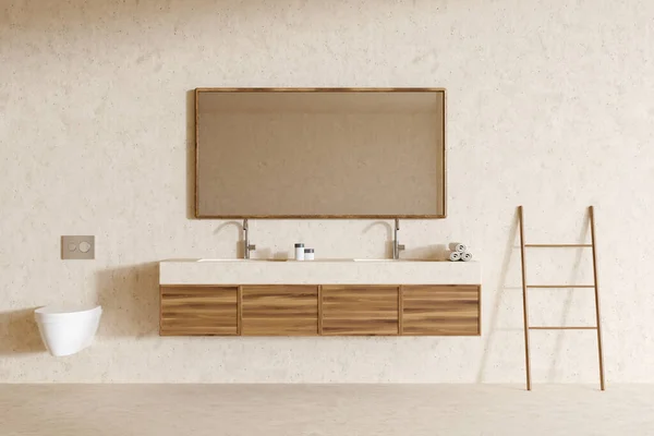 Beige Hotel Toilet Interieur Met Dubbele Wastafel Spiegel Lichte Betonnen — Stockfoto