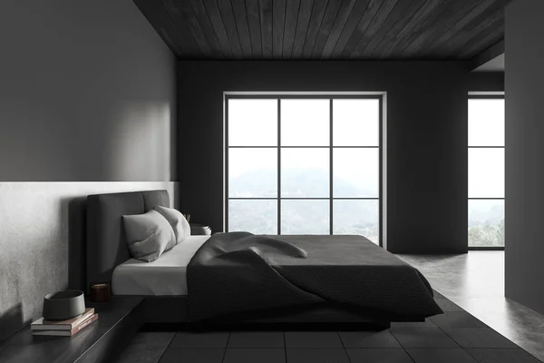 Dark Hotel Bedroom Interior Carpet Grey Concrete Floor Nightstand Art — Stock Photo, Image