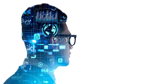 Businessman wearing formal suit and glasses and digital interface with forex chart and virtual globe in the foreground. Concept of cyberspace and trading on stock market in internet. White background
