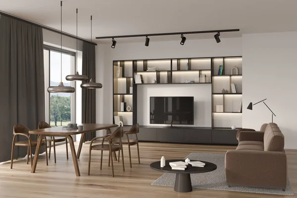 Light living room interior with chairs and table, tv set on cabinet and sofa with coffee table. Shelf with decoration and panoramic window on countryside, hardwood floor. 3D rendering