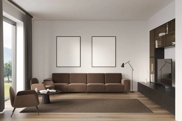 Front view on bright living room interior with two empty white posters, panoramic window, armchair, sofa, tv and wooden floor. Concept of minimalist design. Creative idea. Mock up. 3d rendering