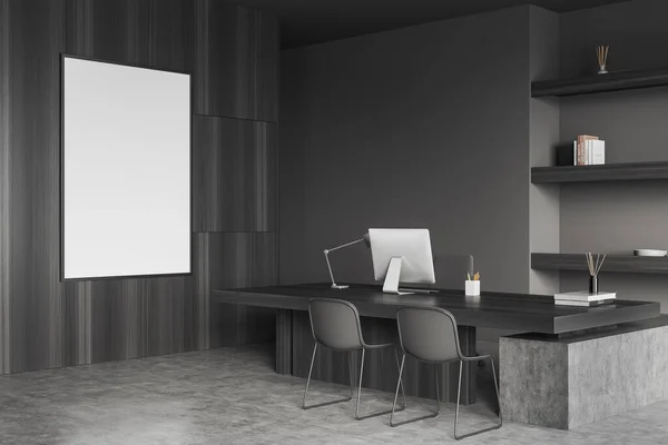 Corner view on office room interior with empty white poster, desk with desktop, chairs, shelves with books and concrete floor. Concept of place for working process and meeting. Mock up. 3d rendering