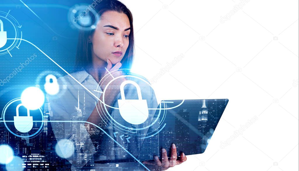 Businesswoman with laptop, pensive look, New York city view at night. Cybersecurity and big data protection. Concept of privacy and safety. Blank copy space