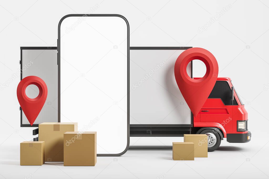 Smartphone with location pin on white background. Truck with cardboard boxes. Concept of tracking and delivery app. Mockup display copy space. 3D rendering.