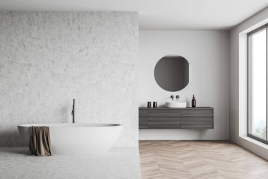 Parlak banyo manzarası küvet, panoramik pencere kırsal manzara, yuvarlak ayna ve lavabo, beyaz duvarlar ve ahşap zemin. Hijyenik ve sağlık prosedürleri. 3d oluşturma