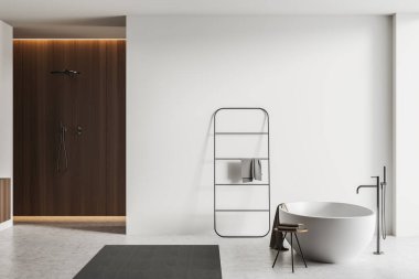 Beyaz banyo içi, gri beton zemine monte edilmiş küvet mikseri duş ve havlu demiryolu merdiveni. Banyo aksesuarları ve modern mobilyalar. Oteldeki tuvalette. 3B görüntüleme